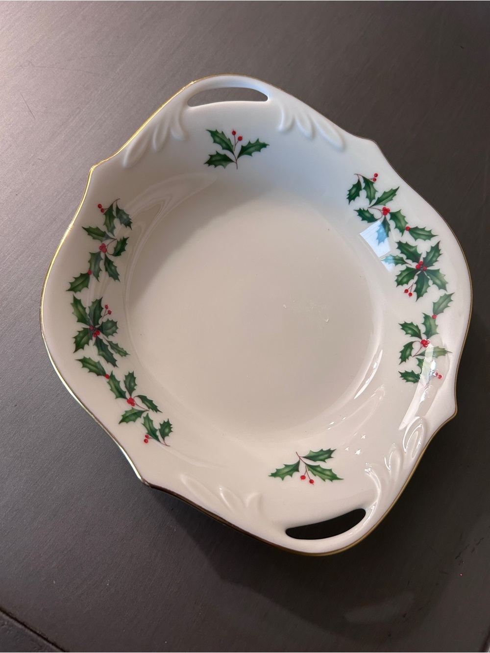 Lenox Holiday Holly Berry Porcelain Candy Trinket Dish Gold Trim Made in USA